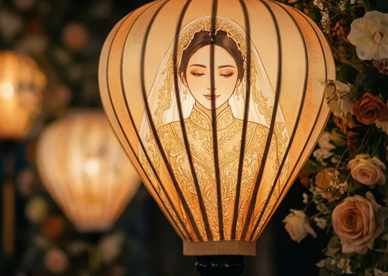 A hand-painted lantern hung among flowers at a wedding