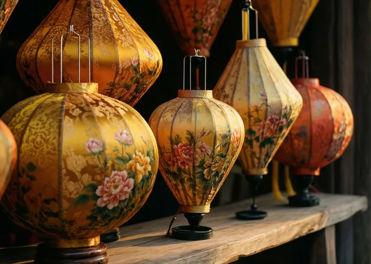 Several finished silk lanterns hanging together