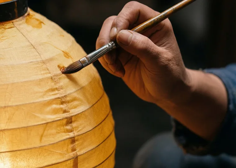Close-up of a brush laying colour onto stretched silk