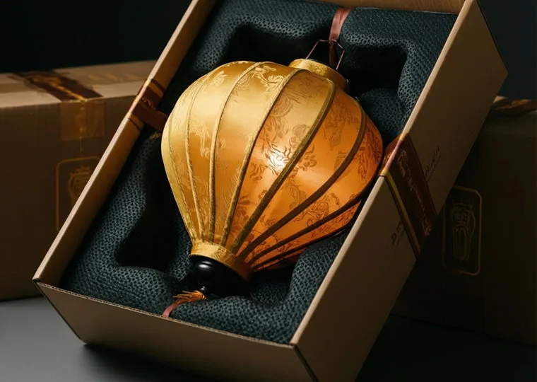 A lantern packed flat in a fitted shipping box