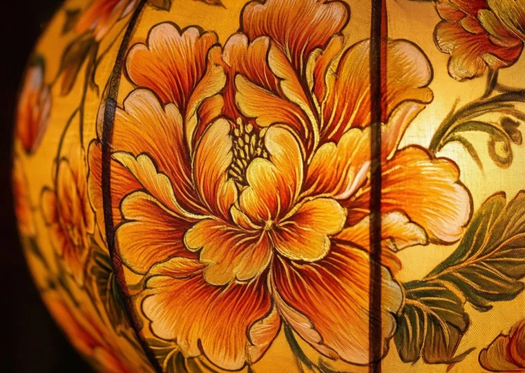 A lantern painted with layered floral motifs