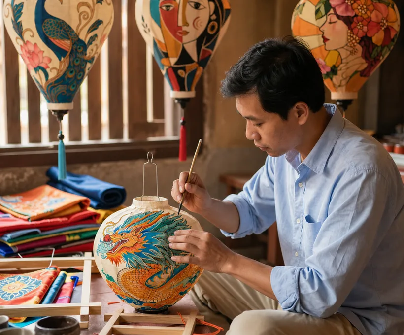 An artisan painting a dragon onto a stretched silk lantern