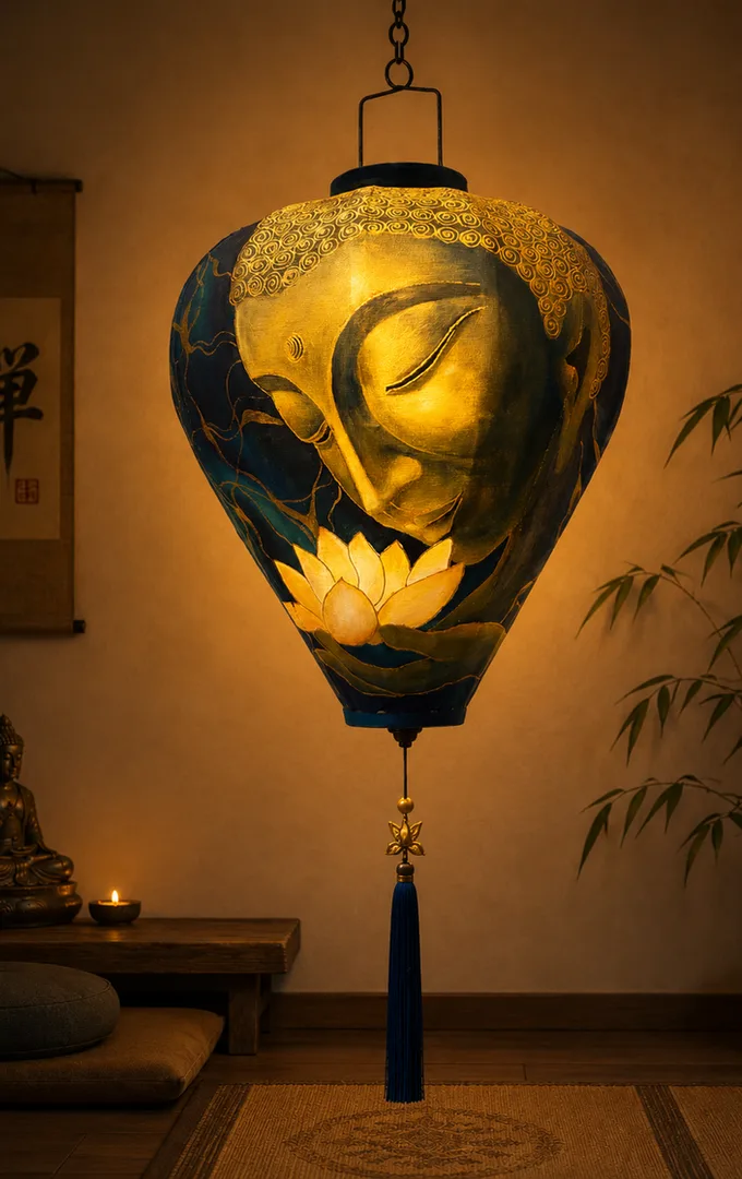 A hand-painted silk lantern lit from within, showing a gold Buddha above a lotus